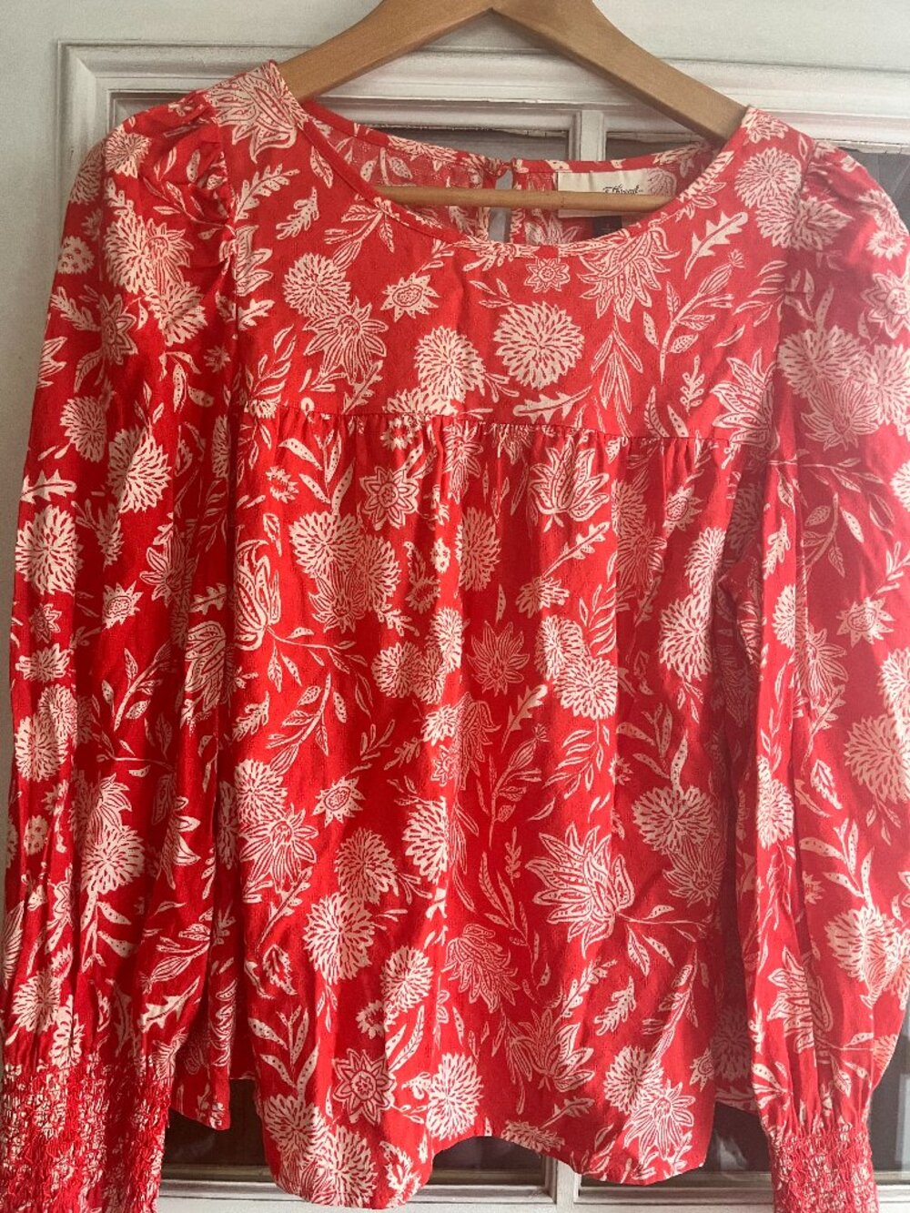 Universal Thread Red-Orange Floral smocked  long Sleeves Top Round neck  BOHO S